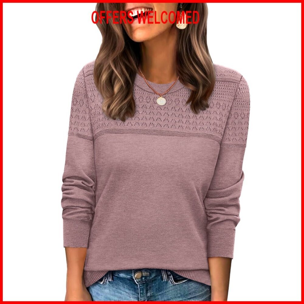 Crewneck Crochet Cable Knit Sweater Pullover Long Sleeve